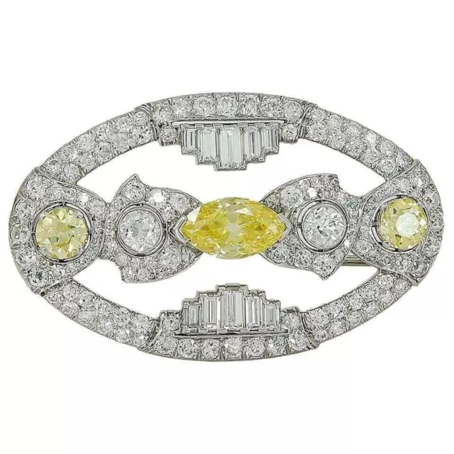 Women's Silver Art Deco Multi Cut Yellow Sapphire & White CZ 5.62 CT Fine Brooch