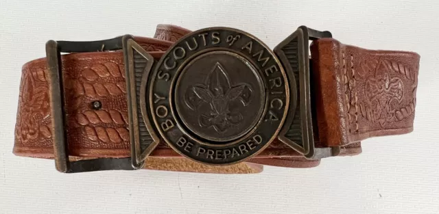 Vintage Bsa Boy Scout Leather Tooled Belt & Cast Copper Buckle