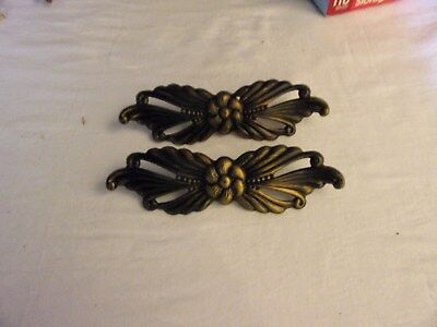 Matching Pair of 2 Antique Tin Metal Curtain Tie Backs Floral Gold & Black 7.5in