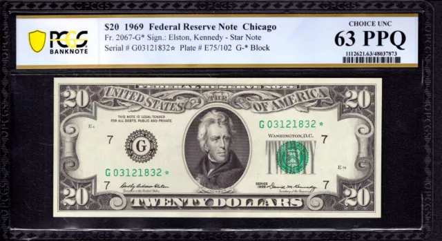 1969 $20 Federal Reserve Star Note Chicago Fr.2067-G* Pcgs B Cu 63 Ppq