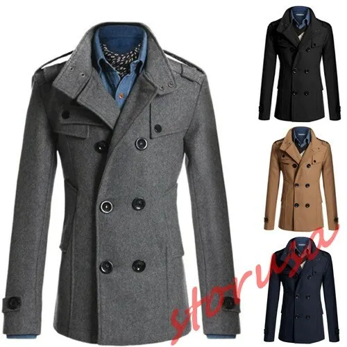 Men's Autumn Coat Double Breasted Peacoat Long Slim Fit Jacket Winter Dress Tops 3