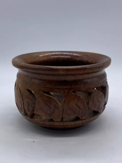 Unusual Handmade Leaf Pattern Carved Wooden Bowl