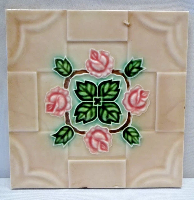 Ancien Carreau Japon Dk Art Nouveau Majolique Rose Feuille Vert Design #201