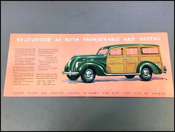 1938 Ford V-8 V8 Woody Station Wagon Vintage ORIGINAL Car Sales Brochure Folder 2