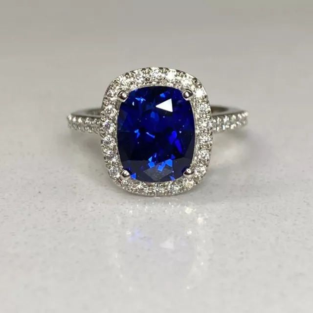 Diamond Wedding Ring 14K White Gold Blue Sapphire 2.90 Ct Cushion Lab Created