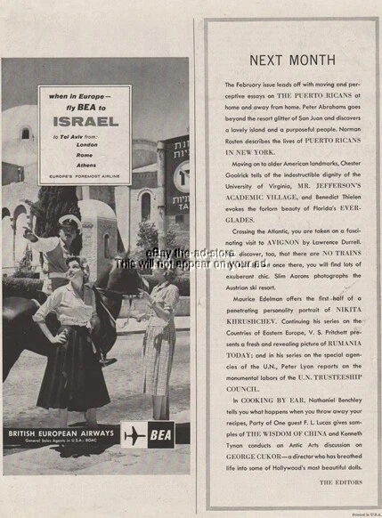 1961 BEA British European Airways/Airlines Tel Aviv Israel Vintage 60s Photo Ad