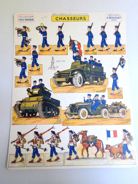 Lot Rare De 5 Soldats En Bois Sur Plot - Chasseurs Alpins - Artisanat Bois Vintage