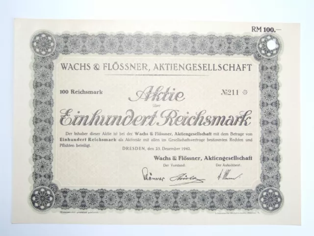 Wachs & Flössner AG Aktie Dresden über 100,- RM von 1942