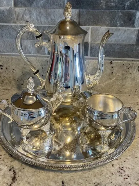 Eb Brass Silver New  Teapot , Creamer , Sugar Bowl And Platter Excellent Cond