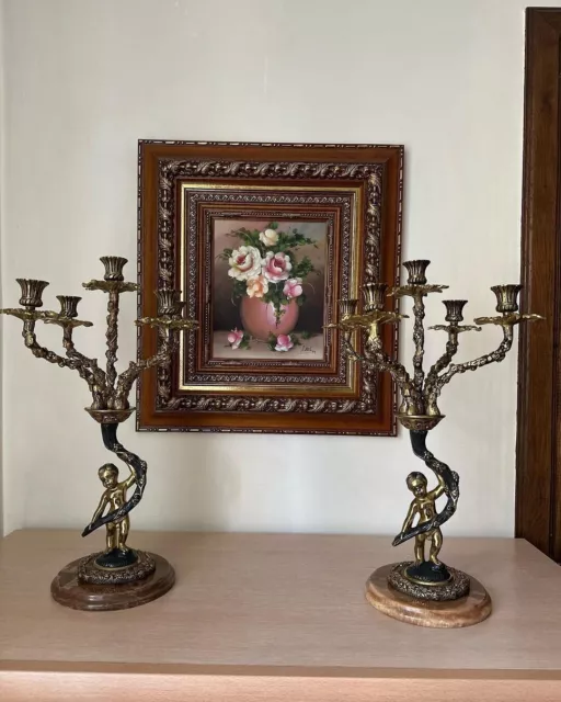 Pair of French gilt-Bronze Candelabras on a Marble base
