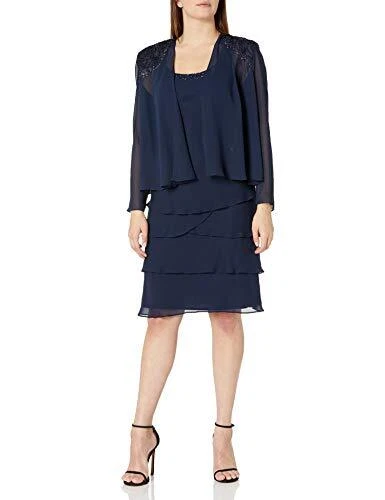 S.L. Fashions Women's Mother of The Bride Two Piece Beaded Jacket Dress Navy 10