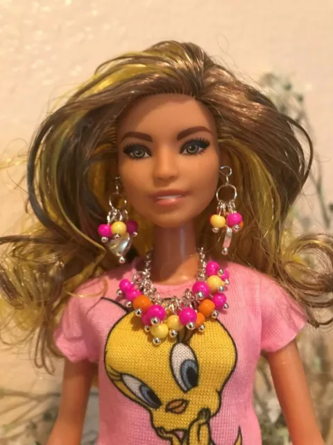 Handmade Jewelry for Barbie - Pink Beaded Necklace And Earrings