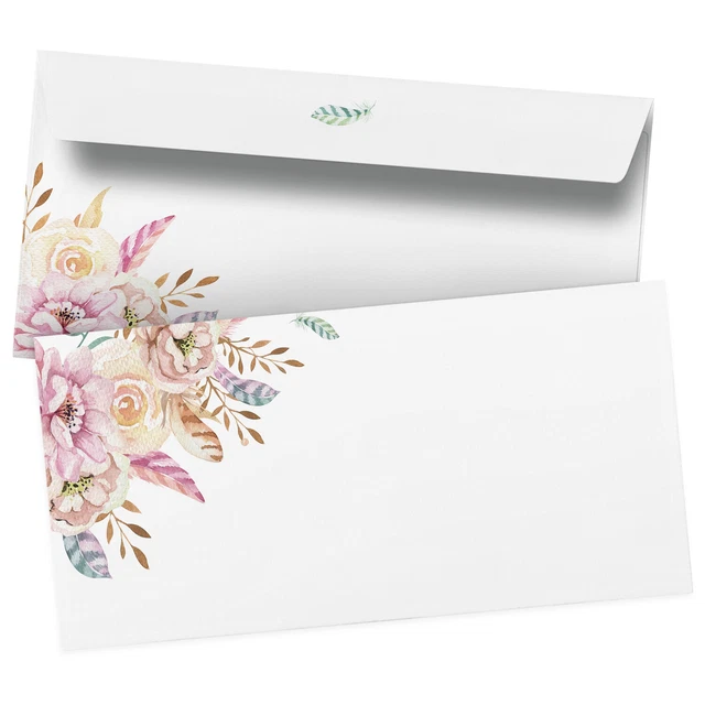 10 Briefumschläge DIN Lang (220x110 Mm) Mit Rosa Rosen-Motiv – Selbstklebend, Für Drucker & Handbeschriftung