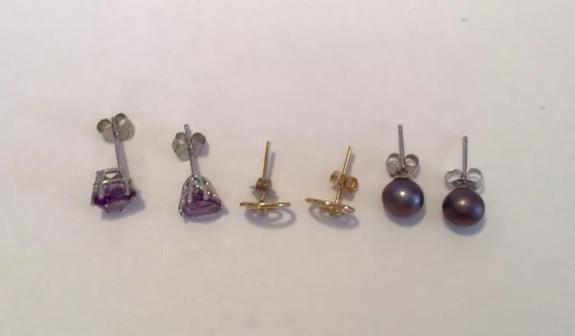 3-pairs Of 14k White/Yellow Gold  Diamonds, Pearl, & Amethyst Stud Earrings