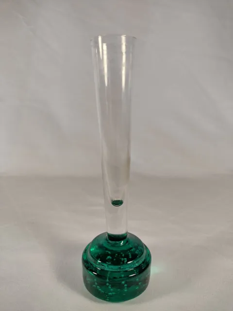 Green heavy based Hand Blown Glass Controlled Bubble Bud Stem Vase 16cm Tall