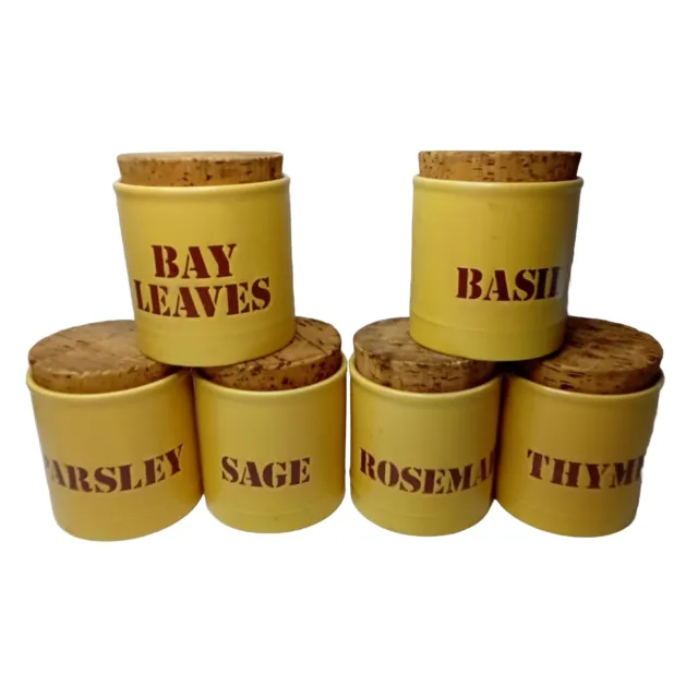 KILN CRAFT 6 vintage jars spice herb cork lids set 1970s England yellow retro