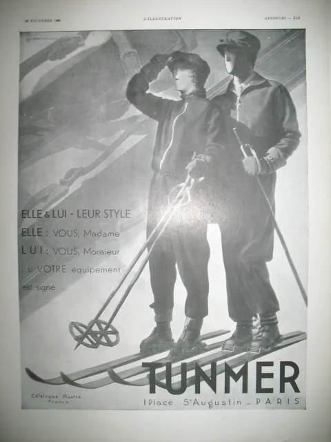 Publicite De Presse Tunmer Equipement Ski Neige Illustration Vigneau Ad 1930