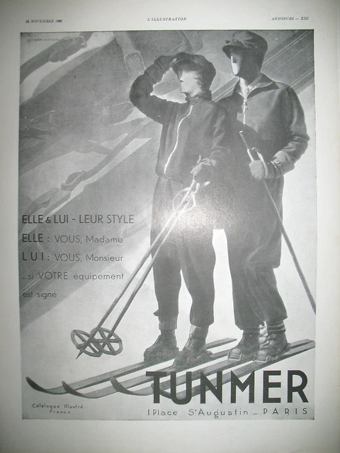 Publicite De Presse Tunmer Equipement Ski Neige Illustration Vigneau Ad 1930