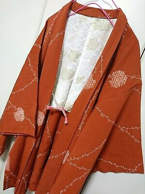 Woman Japanese Kimono Haori Jacket Synthetic Dark Orange Circle Maple