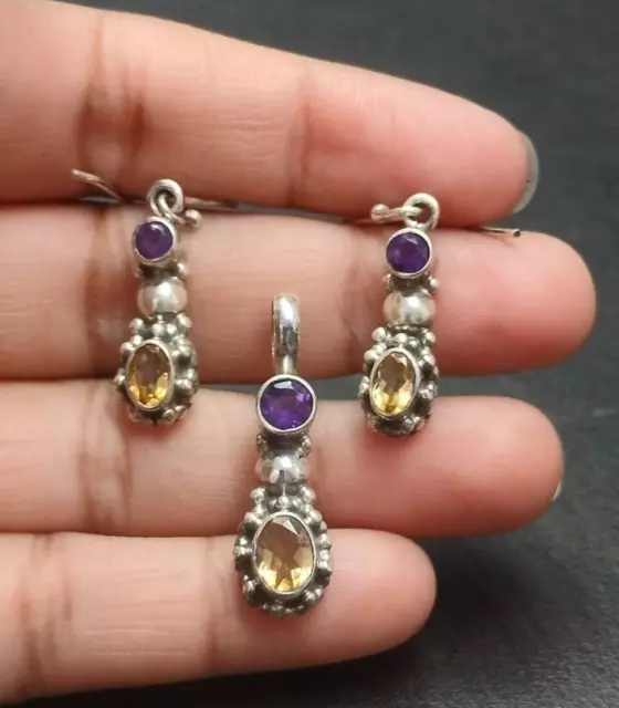 Silber Natürlicher Citrin Edelstein Amethyst Anhänger Ohrringe Set...