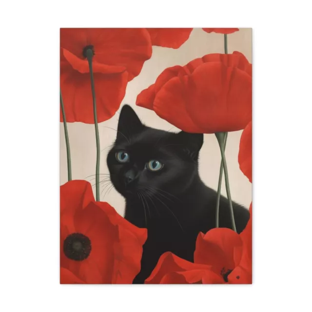 Georgia Okeeffe Red Poppy Flower Print Black Cat Lovers Gift Canvas Wall Hanging