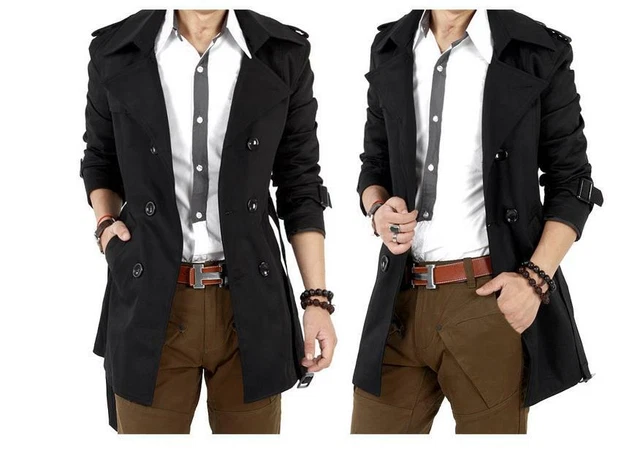 Men's Slim Double Breasted Trench Coat Long Jacket Overcoat Outwear Winter 2
