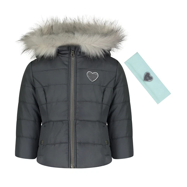 Jessica Simpson Girls' Expedition Parka, Grey and Heart Headband, 4T Gray
