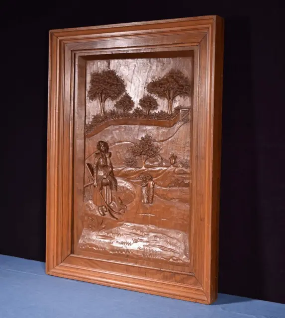 *Large French Antique Deep Carved Framed Panel in Solid Walnut Wood Breton 2