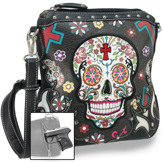 New Sugar Skulls  Design Concealed Carry Handbag Purse Goth Bag Fashion Black