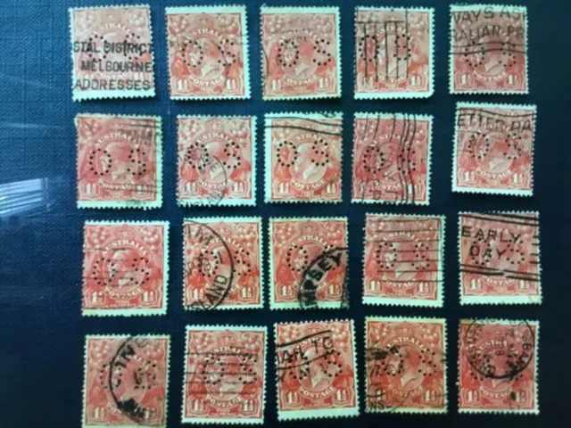 20 Punctured OS used stamps KGV 1 1/2d with WMK crown by A