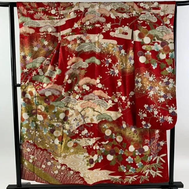 Woman Japanese Kimono Furisode Silk Chrysanthemum Clover Gold Thread Foil Red