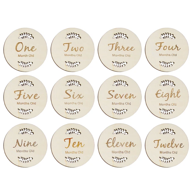 12 PRINTED MILESTONE Circle Disc Baby Birth Announcement Cards Wooden