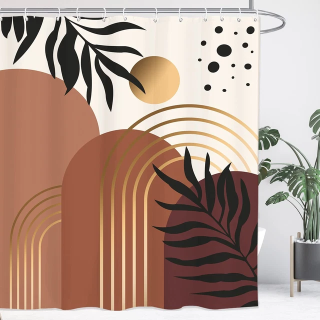 Abstract Mid Century Bathroom Shower Curtain 60W by 71H Inch Brown Modern Abstra