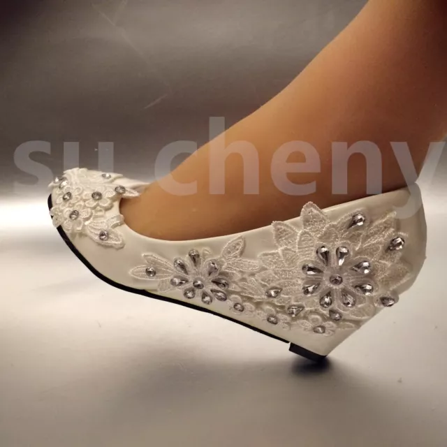 su.cheny 2" White ivory wedge lace flowers crystal Wedding Bridal heels shoes 3