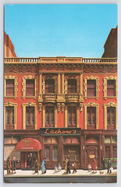 People On Sidewalk In Front Of Luchows Famous Restaurant~New York City~Vintage