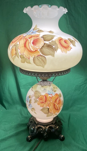Vintage Grand 25” Rose GWTW Hurricane Lamp | Vintage | Green Tint | 3-Way