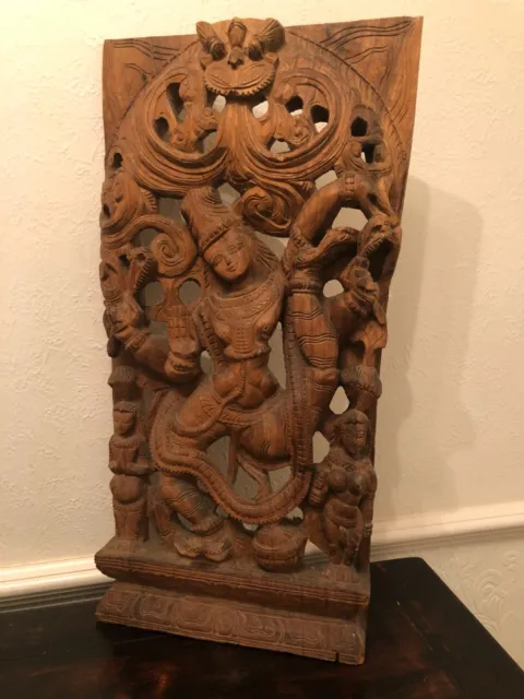 Hindu South Indian Wooden Hand Carved Panel of Goddess Radha Early 20th