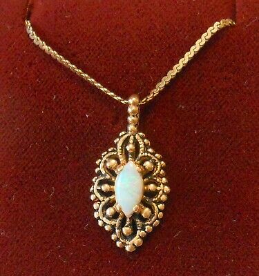 Vintage Ornate Setting Marquise Opal 14K Yellow Gold Pendant 15.75" Necklace