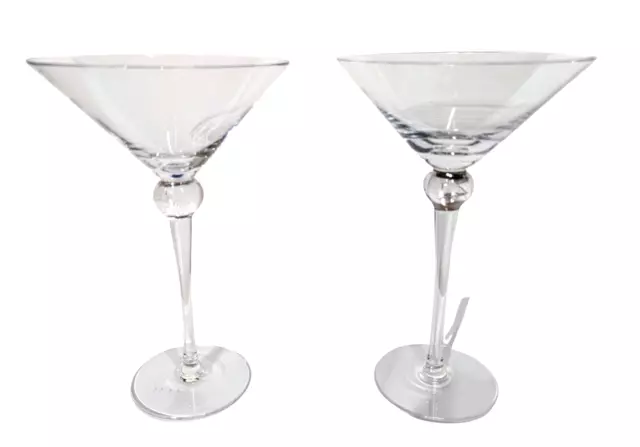 Set of 2 Crystal Clear Martini Long Bubble Stem Glasses 8" Tall