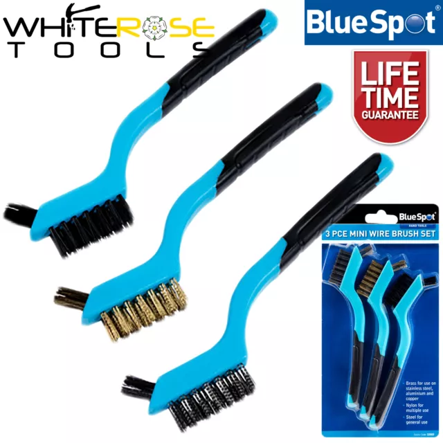 BlueSpot Mini Wire Brush Set 3pc Brass Nylon Steel Cleaning Metal Rust Remover