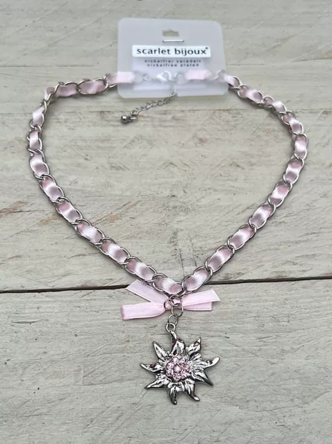 Halskette Modekette Collier Trachtenkette Dirndl Edelweiss Anhänger Strass rosa