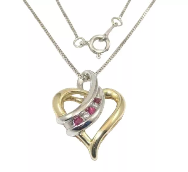 14K Yellow White Gold Natural Ruby Diamond Heart Pendant Box Chain Necklace 16"
