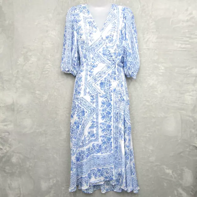 Calvin Klein Wrap Dress Blue White Paisley Print Chiffon Balloon Sleeve Size 8