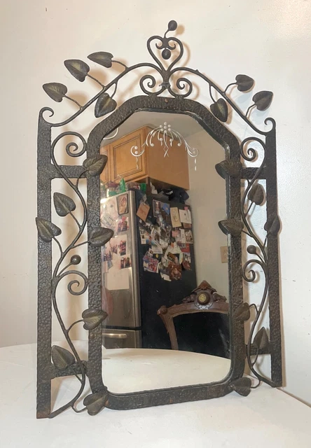 antique hammered hand wrought iron leaf vine wall console mirror Oscar Bach?