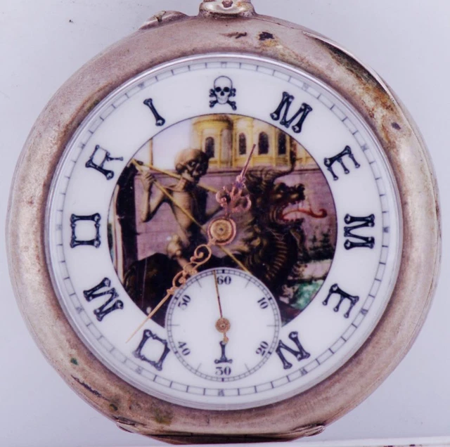 ANTIQUE POCKET WATCH French Silver MEMENTO MORI Skeleton Enamel Dial ...