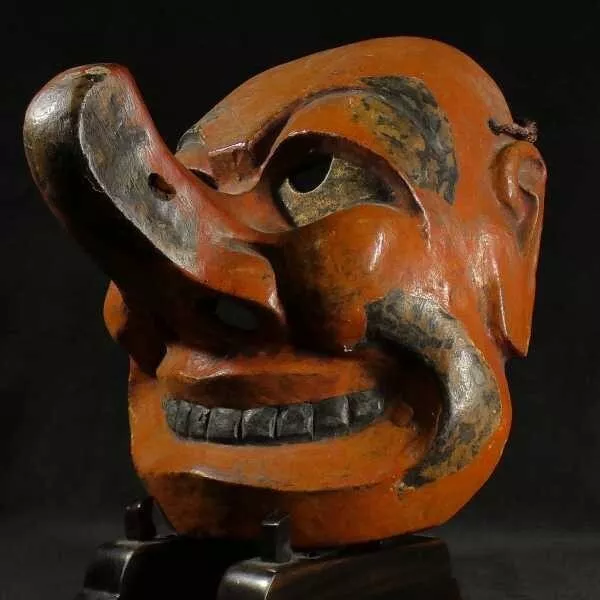 Japanese Noh Mask Vintage Wood Carving Lacquered Tengu Specter 7.09x6.10"