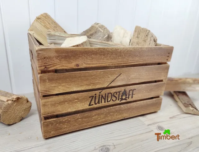 Rustikale KAMINHOLZKISTE "Zündstoff" Kaminholzkorb Vintage Kiste für Brennholz