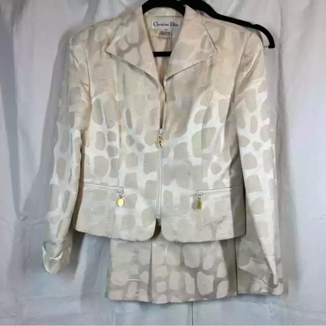 Vintage 90s Christian Dior 100% raw silk textured skirt blazer set ivory 10