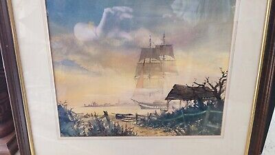 Midcentury watercolour painting Clipper Ship at dawn Original Art Work maritime 2