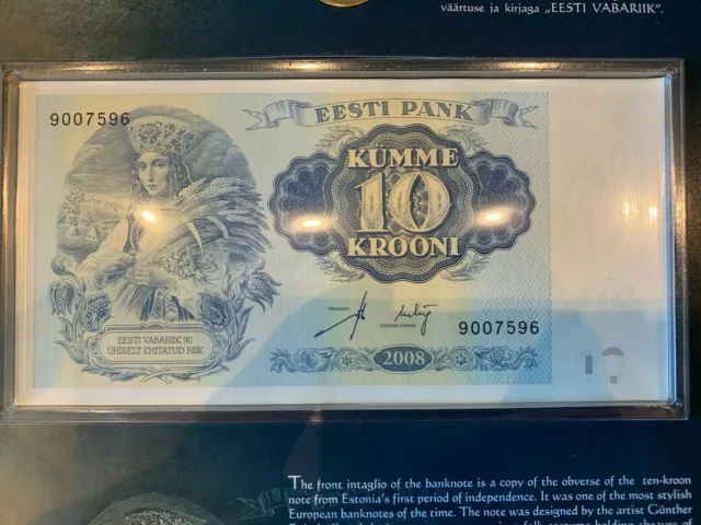 ESTONIA 2008 10 Krooni P-90 GEM UNC SET with 1 kroon coin KM-44. 90 Years SET.